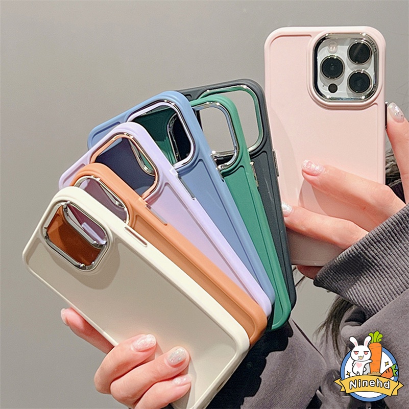 IPHONE Casing 2in1 Kompatibel Untuk Iphone14 13 12 11 Pro Max X Xr Xs Max 8 7 6 6s Plus SE 2020 Macaron Sederhana Warna Solid Lensa Dilapisi Casing Ponsel Shockproof Pelindung Ponsel Cover