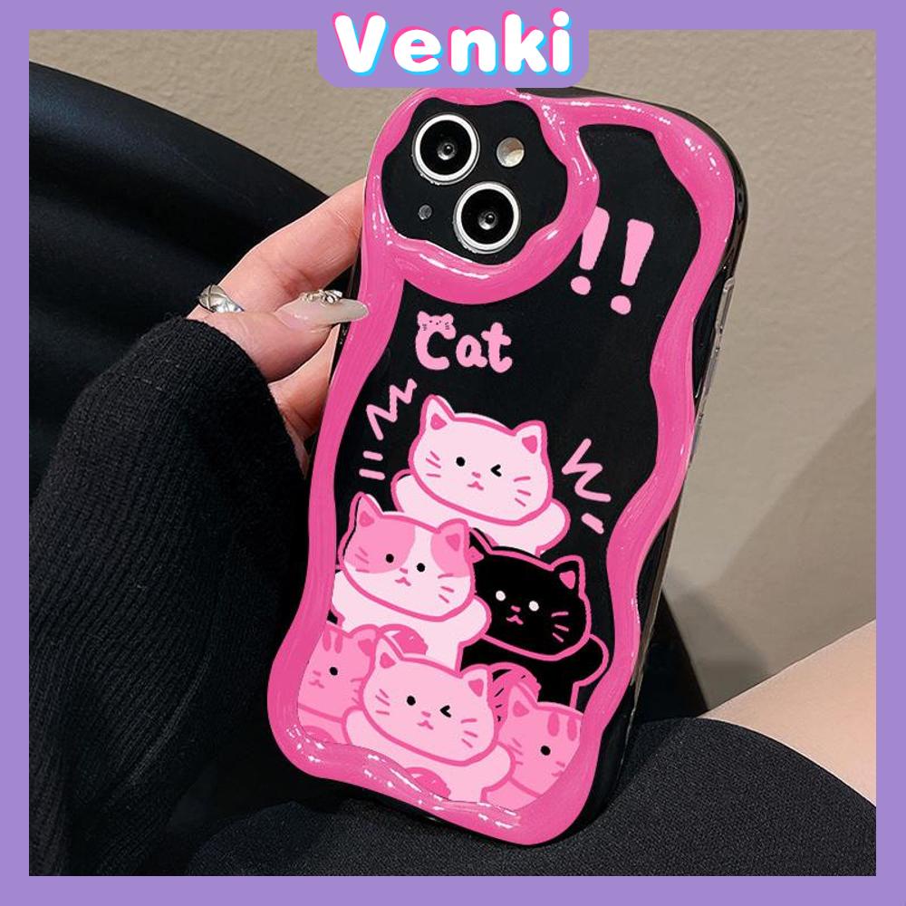 VENKI - For iPhone 11 iPhone Case 3D Curved Edge Wave Glossy Black TPU Airbag Shockproof Camera Cover Pink Cat Compatible with iPhone 14 13 Pro max 12 Pro Max xr xs max 7 8Plus