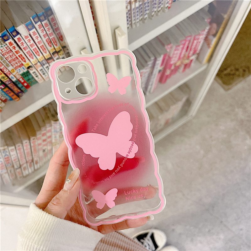 【INS Wave】Pink Butterfly Soft TPU Case HP iP iPhone 11 12 13 14 Pro Max 7 8 + Plus SE 2020 X XS XR Max Girl Woman Clear FTD Casing Apple