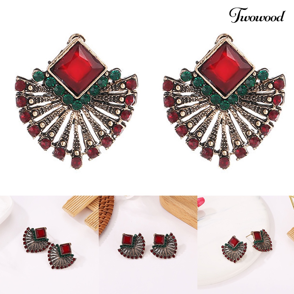 Twowood Wanita Vintage Gaya Etnik Berlian Imitasi Anting Berbentuk Kipas Bohemian Ear Stud Hadiah