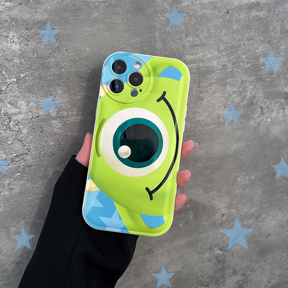 IPHONE Kartun Lucu Little Green Mata Satu Monster Mike Bulat Pelindung Lensa Kamera Soft Phone Case Cover Untuk Iphone7 8 PLUS X XR XS 11 12 13 14 PRO MAX SE 2020