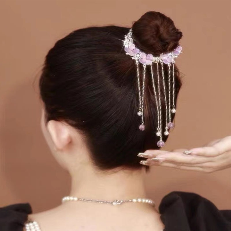 Amethyst Bunga Rumbai Wanita Jepit Rambut/Retro Hiasan Kepala Fringe Rhinestones Hair Clip/Bunga Alloy Ponytail Holder Aksesoris