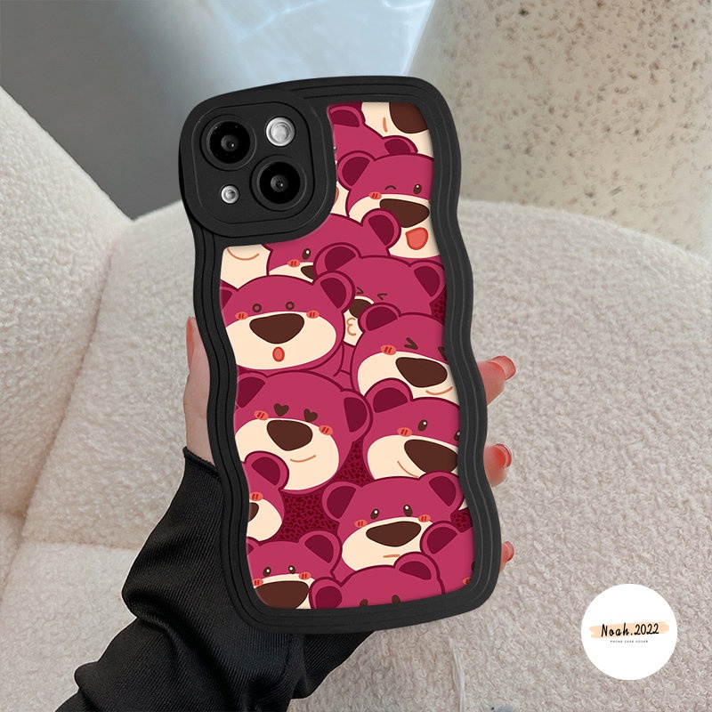 Lovely Kartun Manyo Wavy Edge Back Case Kompatibel Untuk iPhone XR 6s 7 8 6 14 Plus 11 14 13 12 Pro Max 7Plus 8Plus X XS Max SE 2020 Cute Strawberry Bear Soft Tpu Cover Pelindung