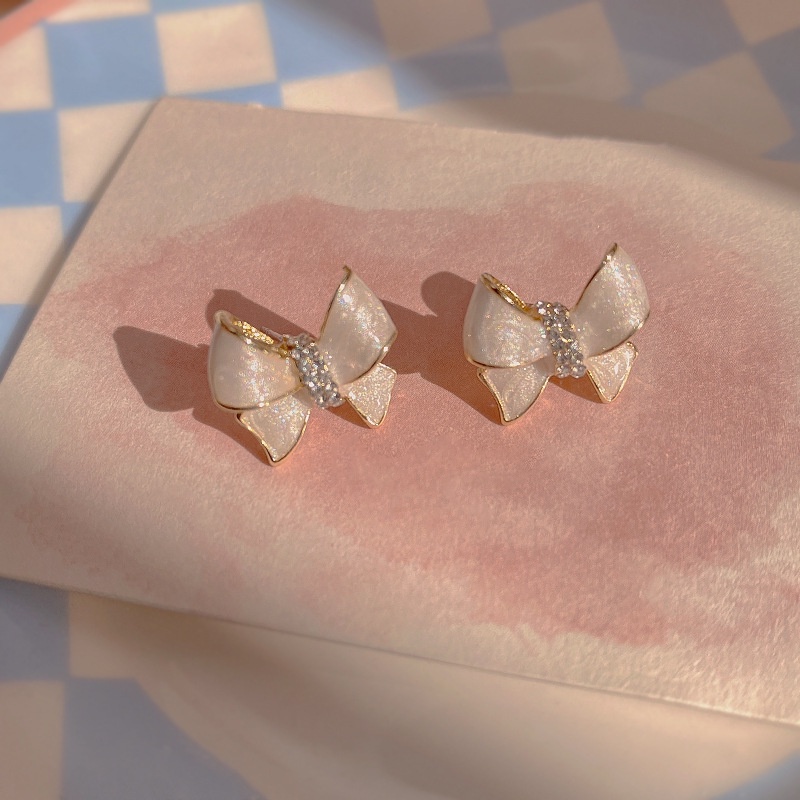 Yeezii Sweet Bow Stud Earrings Untuk Wanita Kristal Tetes Minyak Earrings Aksesoris Perhiasan