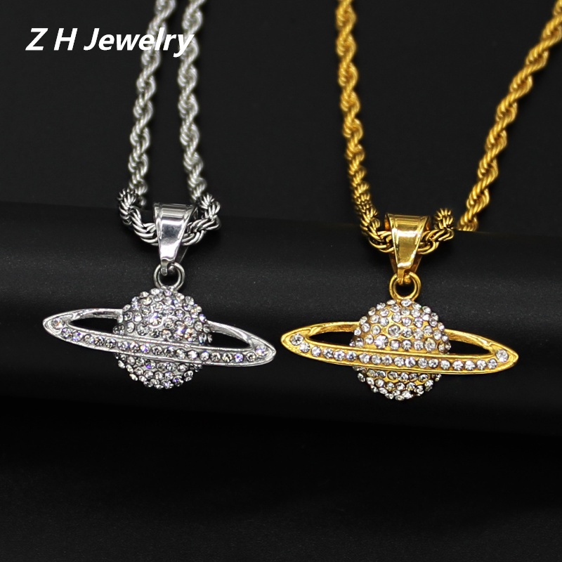 Zh Perhiasan Retro Fashion Pria Zirkon Hip Hop Planet Liontin Kalung Aksesoris Pesta