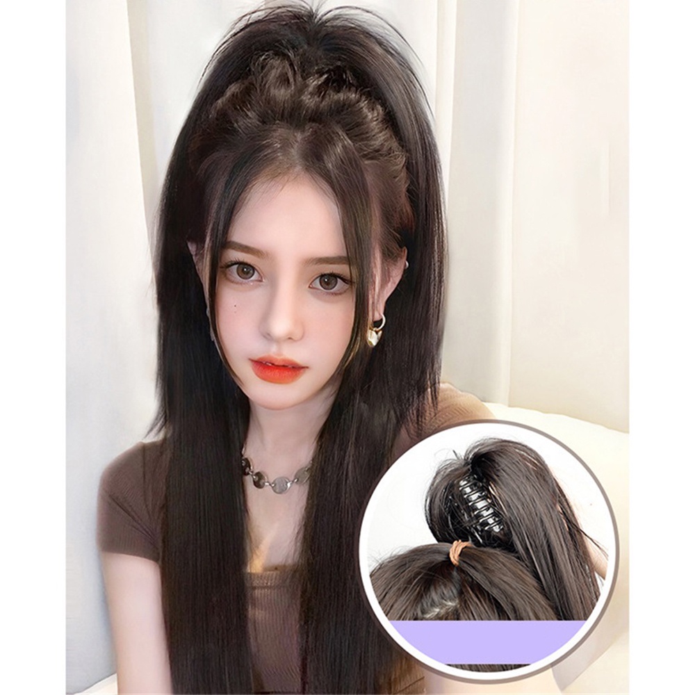 Wig Rambut Berbulu Panjang Alami Wanita Perempuan Setengah Ekor Kuda Sarang Ayam Kepala Ekstensi Rambut 40cm