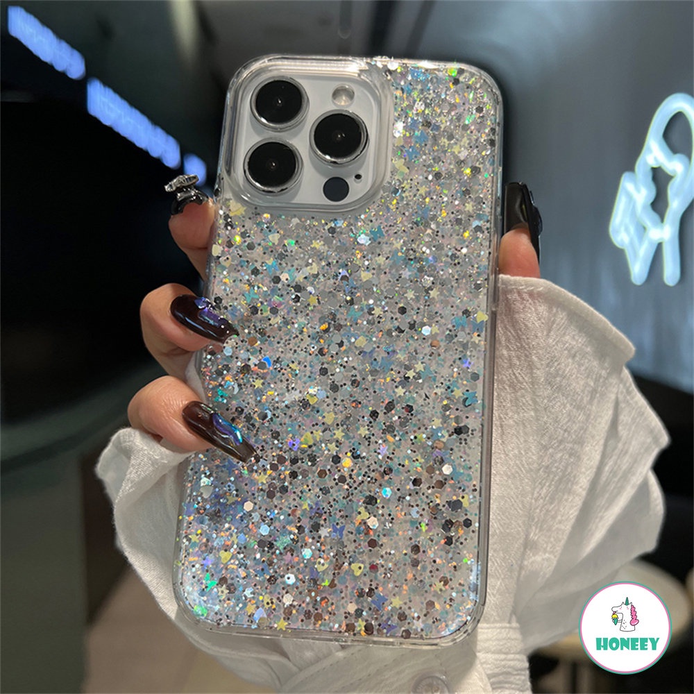 IPHONE Case Iphone14 Silver Foil Glitter Payet Case Kompatibel Dengan Iphone14 13 12 11 Pro Max Anti-Slip Bumper Lembut TPU Penutup Belakang