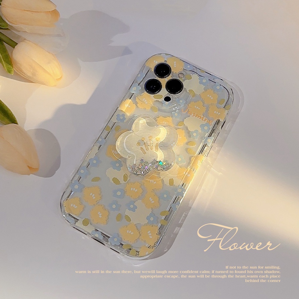 IPHONE Musim Panas Kuning Floral Transparan Anti-Jatuh Casing Ponsel Cover Dengan Pasir Hisap Glitter 3D Tempat Bunga Untuk Iphone11 12 13 14 PLUS PRO MAX