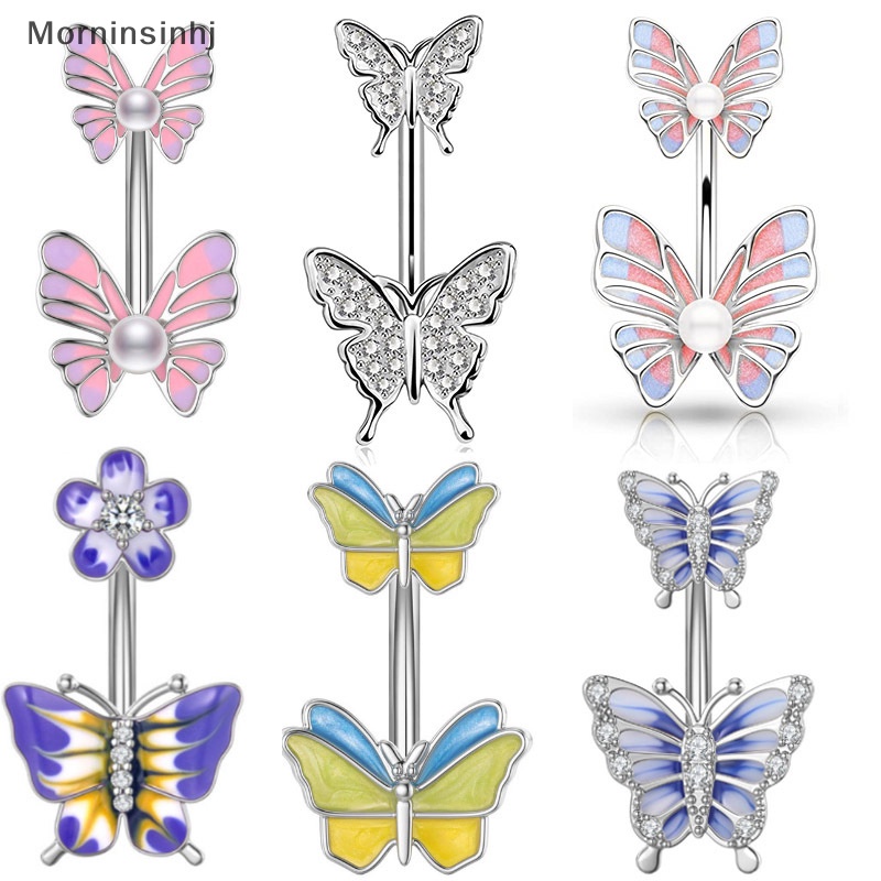 Mornin 1PC/6PCS Stainless Steel Butterfly Pearl Belly Button Ring Drip Minyak Pusar Kuku Tubuh Perhiasan Untuk Wanita Dekorasi Tubuh id