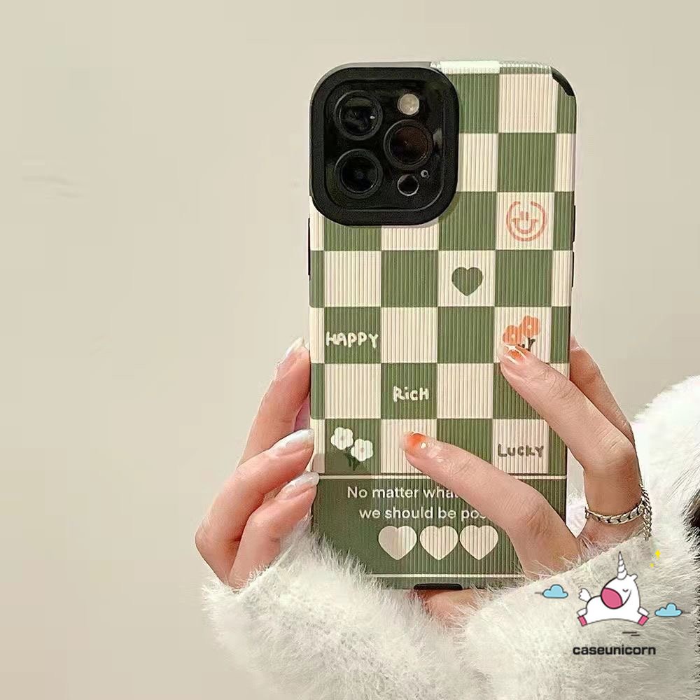 IPHONE Couple Chessboard Houndstooth Pattern Back Case Kompatibel Untuk Iphone11 12 14 13 Pro Max7 8 Plus X XR XS MAX Lembut Shockproof Mewah Tekstur Kulit Cinta Hati Bunga Cover