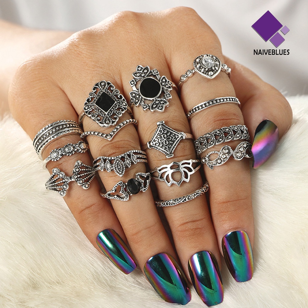 &lt; Naiveblues &gt; 15Pcs Cincin Wanita Gaya Bohemian Hias Berlian Imitasi Tidak Luntur Perhiasan Ring Untuk Kehidupan