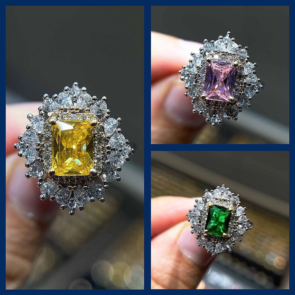 Goldkingdom Fashion Perhiasan Aksesoris Ready Stock Zamrud Permata Cincin Caibao Berlian Kuning Terang Penuh Berlian Perempuan Cincin Pink Kristal Cincin