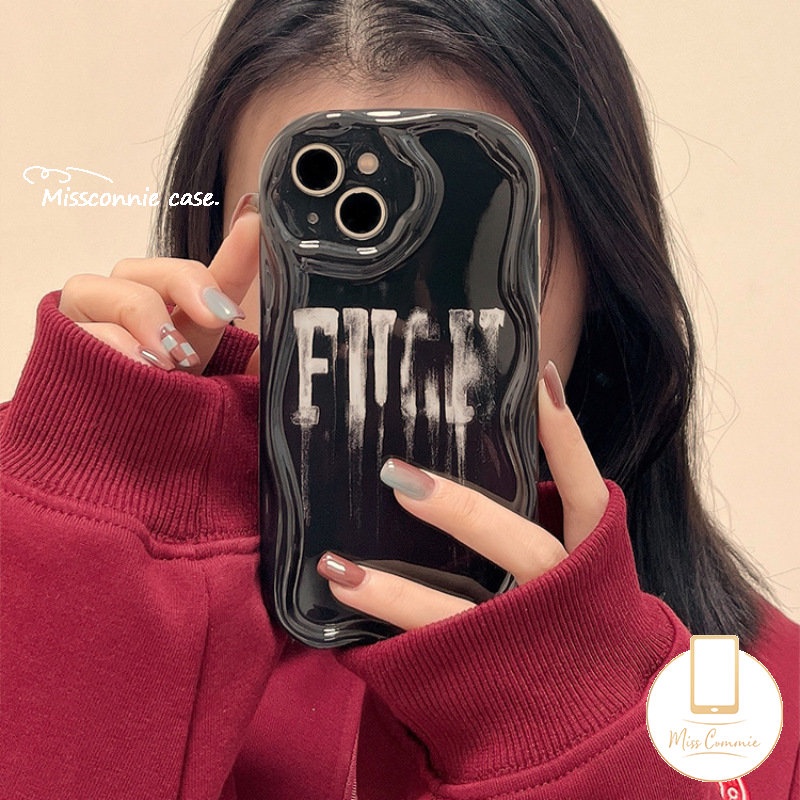 Cover Kompatibel Untuk IPhone 7Plus 11 12 13 Pro Max14 XR X7 8 6s 6 Plus XS Max SE 2020 Ins Permen Es Krim Hitam Putih Huruf Inggris 3D Bergelombang Melengkung Tepi Glossy Shockproof Shell