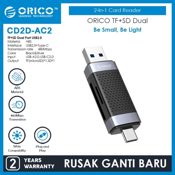 CD2D-AC2 Card Reader ORICO 2In1 TF SD Memory USB 2.0 Type C 480Mbps - CD2D-AC2