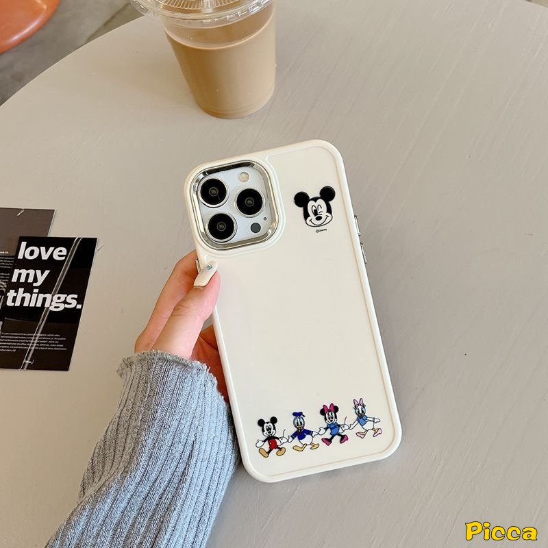 Caroon Disney Mickey Minnie Mouse Case Kompatibel Untuk IPhone 14 11 12 13 Pro MAX X XR 7 8 Plus XS MAX Lucu Winnie The Pooh Bear Pasangan Mewah Plating Bingkai Lensa Metal Soft Cover