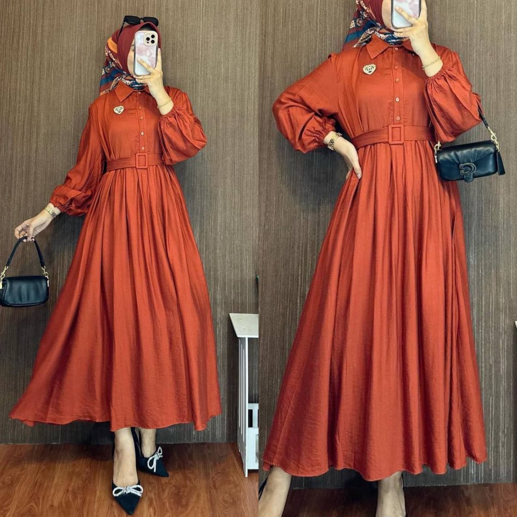 Zoyya Dress Wanita Polo Linen Premium Gamis Terbaru Lengan Balon Panjang Baju Muslim Polos Kekinian LD 110 cm