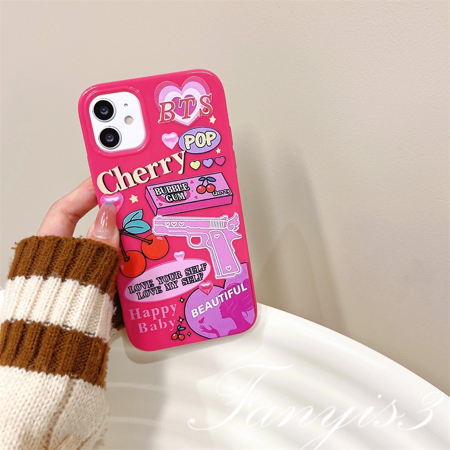 Compatible For iPhone 14 13 12 11 Pro Max X XR Xs Max 8 7 6 6s Plus SE 2020 Kompatibel Untuk Ilustrasi Graffiti Cherry Permukaan Glossy Phone Case TPU Silikon Lembut Cover Pelindung