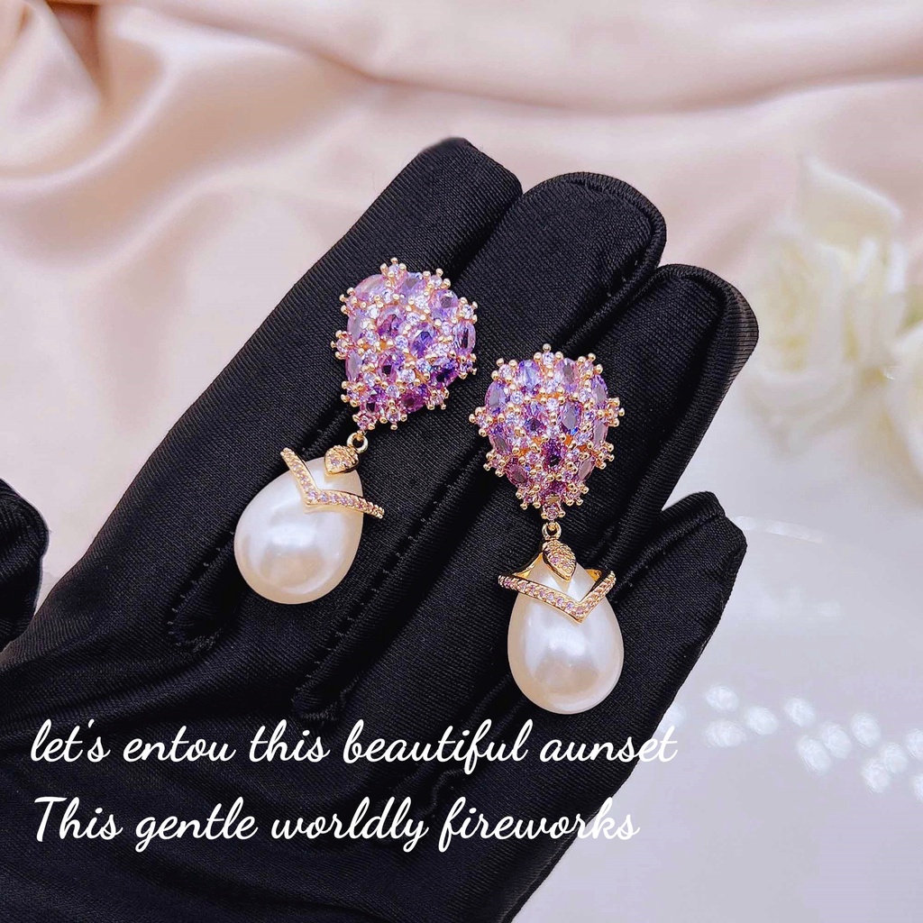 Goldkingdom Aksesoris Perhiasan Fashion Ready Stock Vintage Amethyst Anting Mutiara Istana Perancis Tetesan Air Berlian Ungu Gadis