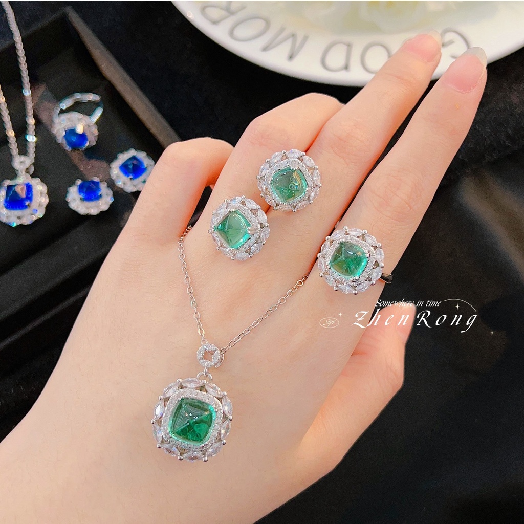 Goldkingdom Fashion Perhiasan Aksesoris Ready Stock Mewah Potong Warna-Warni Jas Ruby Anting Liontin Royal Blue Emerald Ring Female