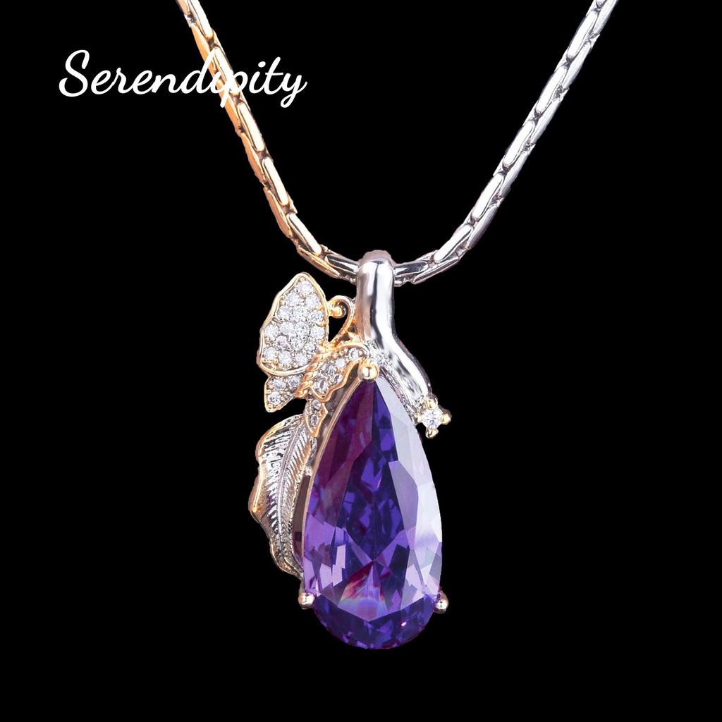 Goldkingdom Fashion Perhiasan Aksesoris Ready Stock Vintage Two-tone Emas Super Peri Bunga Kupu-Kupu Set Padparadscha Kalung Amethyst Stud Anting Cincin