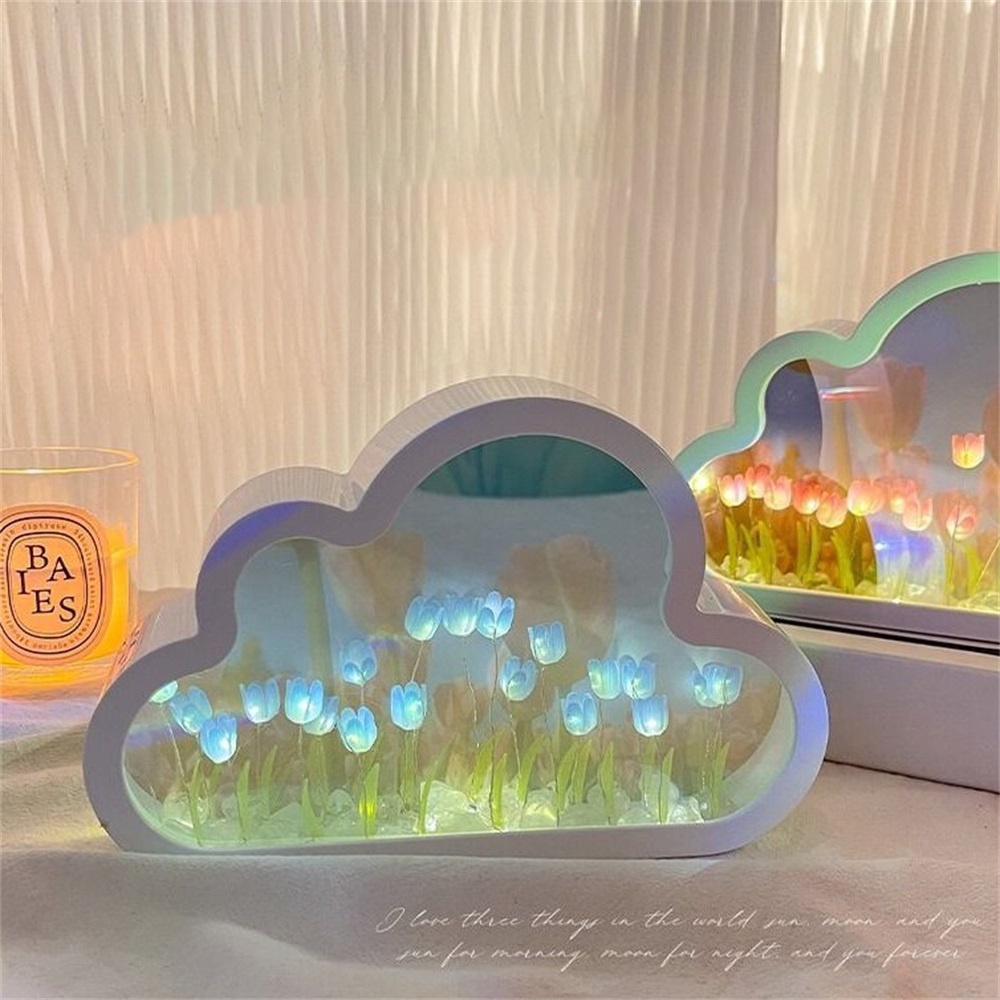 Ins Awan Tulip Cermin Lampu Malam 3D Cahaya Bayangan Kertas Diukir Cahaya 20 * 13 cm Suasana Rumah Lampu Samping Tempat Tidur Kreatif Dekorasi Desktop Indah Pacar Hadiah Ulang Tahun