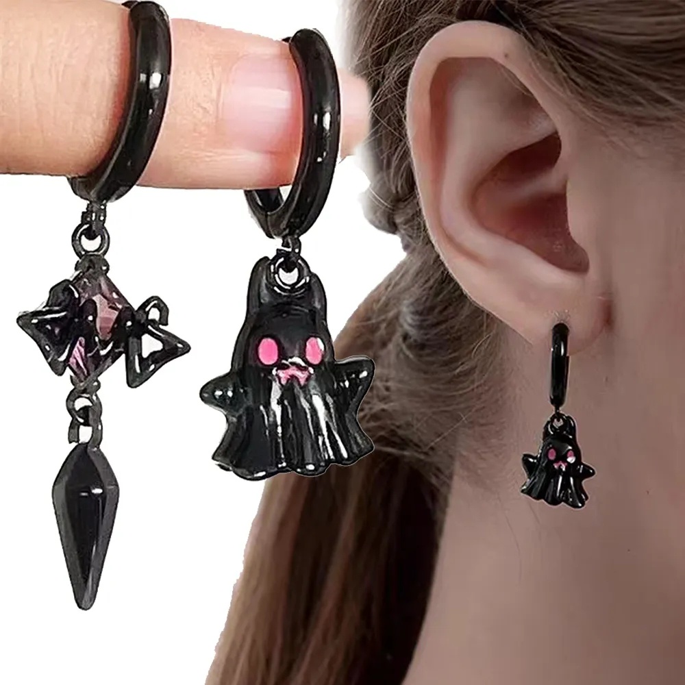 Ins Style Gothic Anting Hantu Kecil/Giwang Telinga Berlian Air Pink Asimetris Lucu/Y2k Pendant Earring