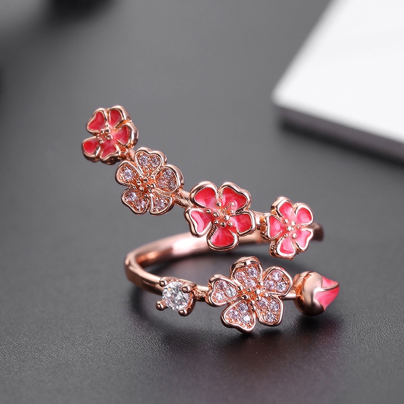 Goldkingdom Fashion Perhiasan Aksesoris Ready Stock Kreatif Penuh Berlian Bunga Cincin rose gold drop Lem enamel Cincin Perempuan Cincin