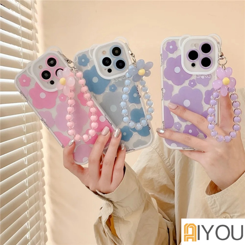 IPHONE Korea 3D Telinga Beruang Bunga Gantung Ponsel Rantai Lanyard Lembut Casing Ponsel Untuk Iphone11 14 Pro Max12 13 XR XS X7 8 plus SE Lucu Cover