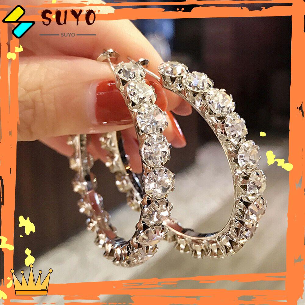 Suyo Anting Hoop Charm Perak925 Perhiasan Statement Lapis Kristal Mengkilap