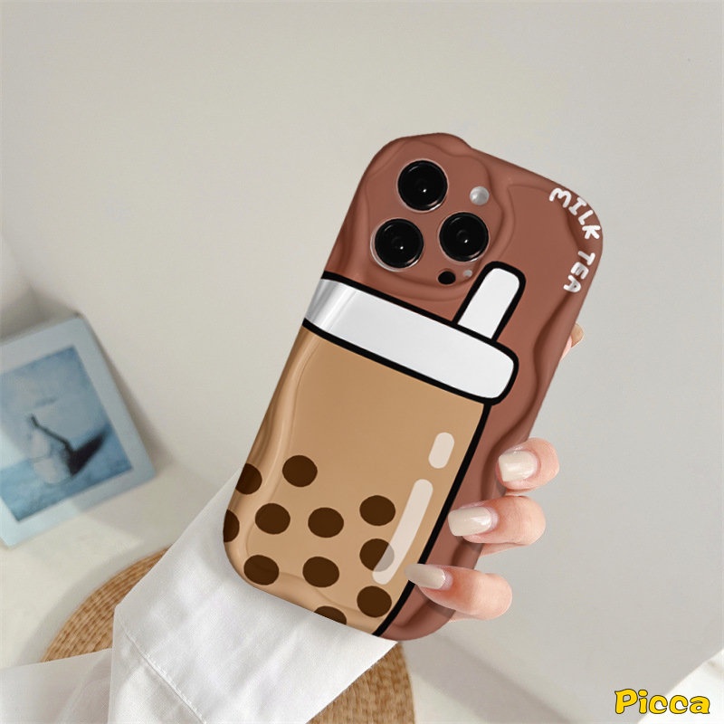 Casing Untuk Oppo A95 A57 A74 A17 A77 A1k A92 A53 A3s A15 A16 A96 A17k A54s A9 A5 A5s A31 A16s A52 A77s A76 A16K A16E Kartun Teh Susu Lucky Lattice Smiley 3D Bergelombang Lengkung Penutup Tepi