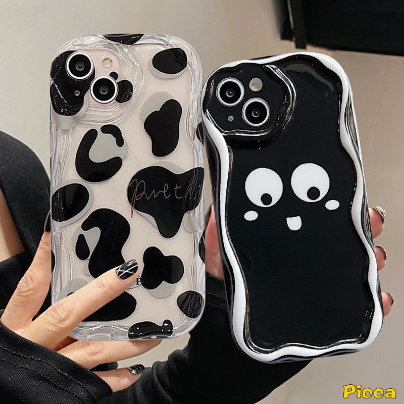 IPHONE Case Ekspresi Lucu Motif Leopard Hitam Putih Simple Kompatibel Untuk Iphone11 14 12 13 Pro Max 7Plus 6s 6 7 8 Plus XR X XS Max SE 2020 3D Wavy Curved Edge Soft Cover