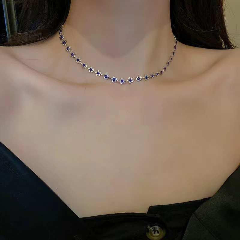 Kalung Wanita Bunga Biru Lucu Korean Style Kalung Klavikula Bunga Perak Sederhana Antik  Aksesoris Fashion Wanita