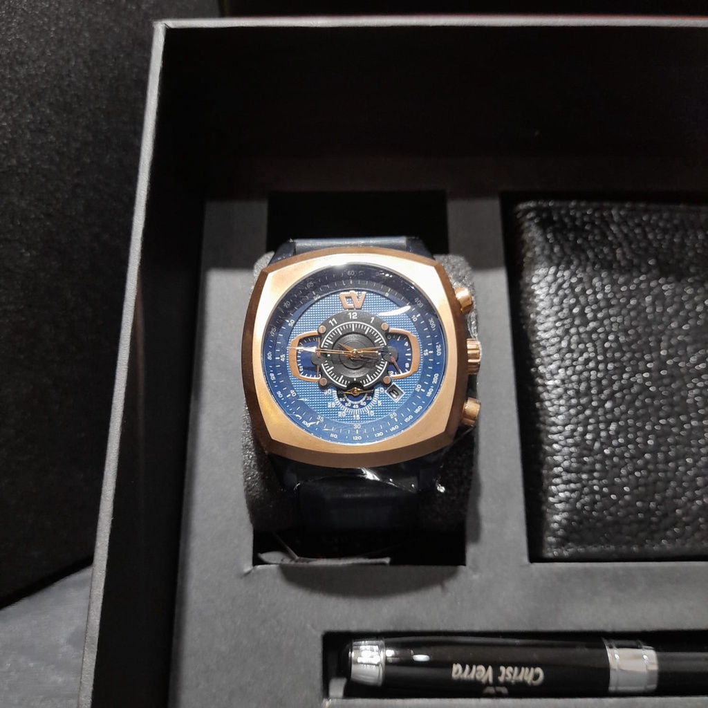JAM TANGAN CHRIST VERRA PRIA CV75048G-2J BOX SET BIRU ROSEGOLD KULIT ORIGINAL