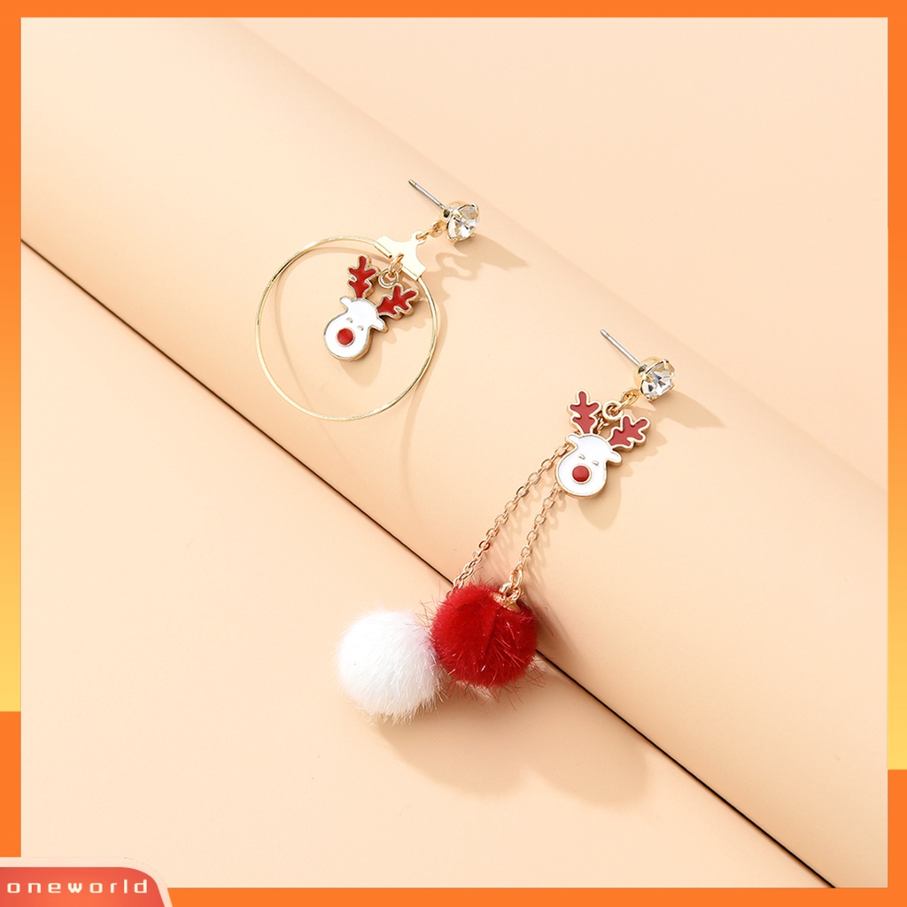 [ONE] 1pasang Anting Pejantan Asimetris Berlian Imitasi Mengkilap Merah Putih Pompom Cincin Besar Hadiah Lucu Natal Elk Drop Earrings Perhiasan Fashion