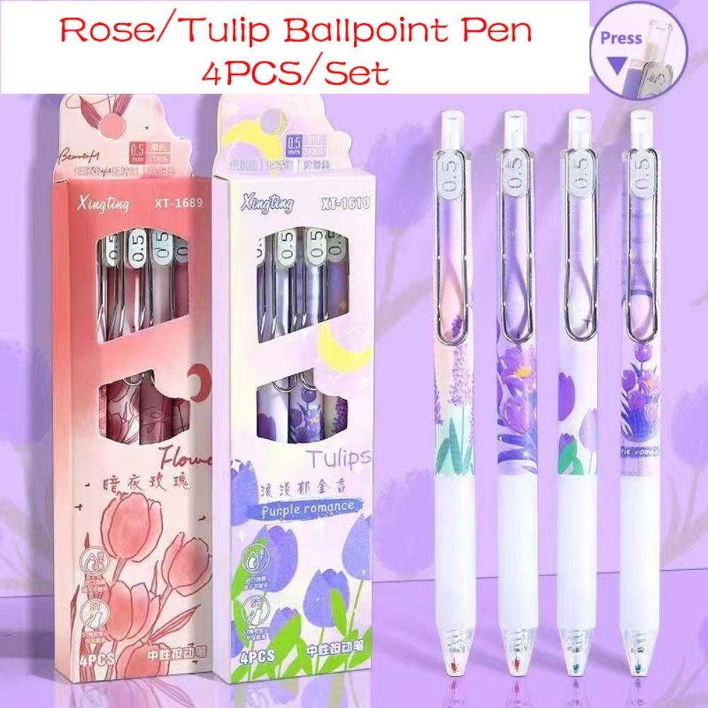 Nanas 4PCS /Set Gel Pulpen Perlengkapan Kantor Sekolah Mawar Dengan Klip Alat Tulisan Tinta Hitam Press Type Signature Pen