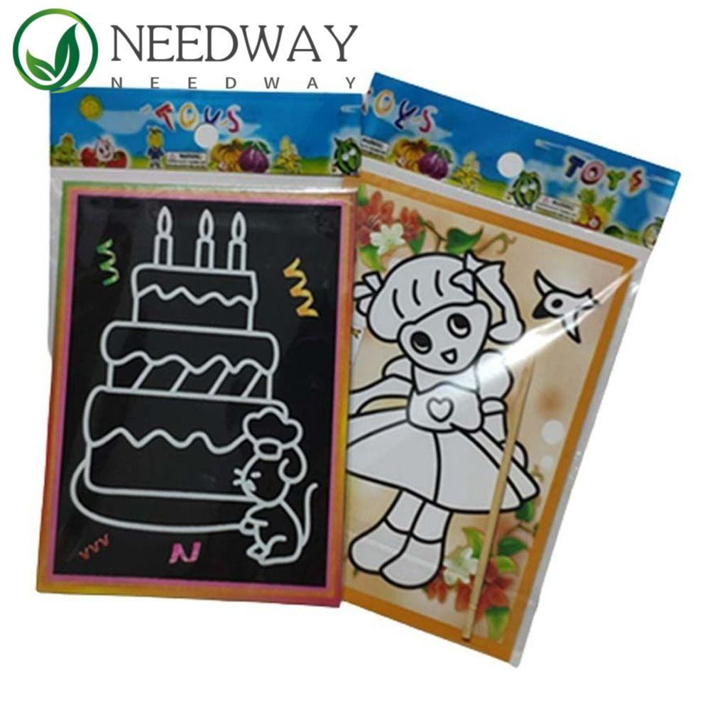 Needway  10pcs Kertas Gores Berwarna Untuk Anak-Anak Dengan Pulpen Mainan Edukasi Mainan Anak Kartu Stiker Buku Mewarnai Papan Gambar