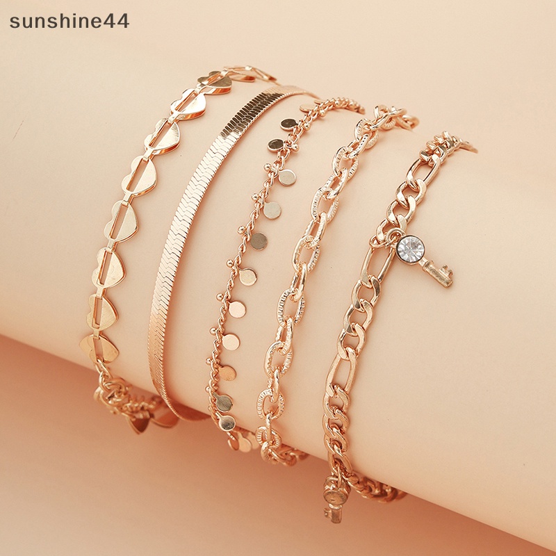 Sunshine 5pcs /set Gelang Kaki Rantai Warna Emas Bohemia Seksi Untuk Wanita Perhiasan Tren Musim Panas Manik Gelang Di Kaki Kaki Kaki Boho Hati Kupu-Kupu Pesona ID