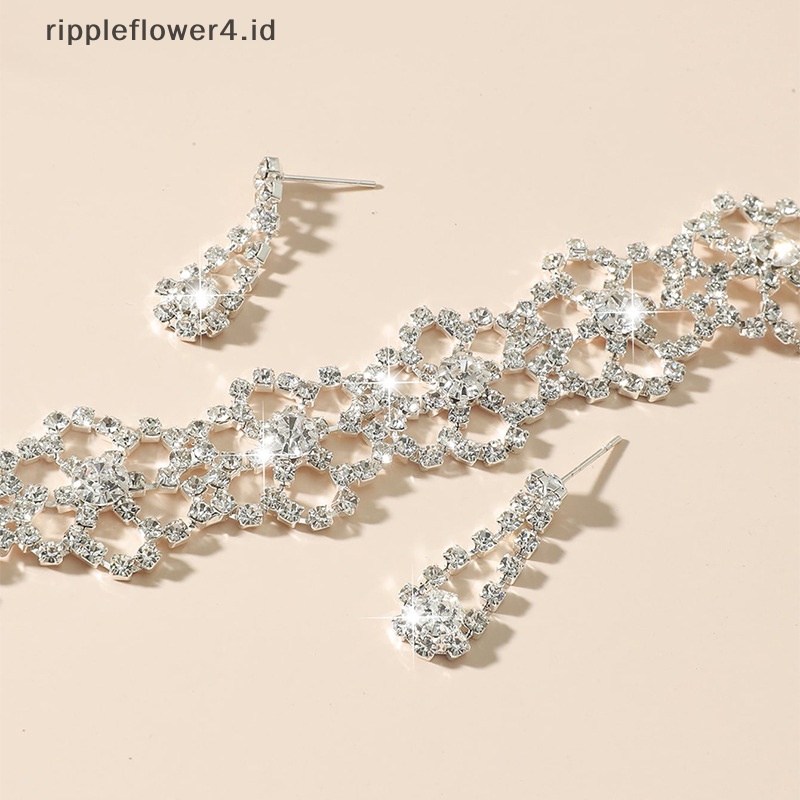 {rippleflower4.id} Set Perhiasan Pengantin Kristal Fashion Berlian Imitasi Berlapis Perak Kalung Anting Set~