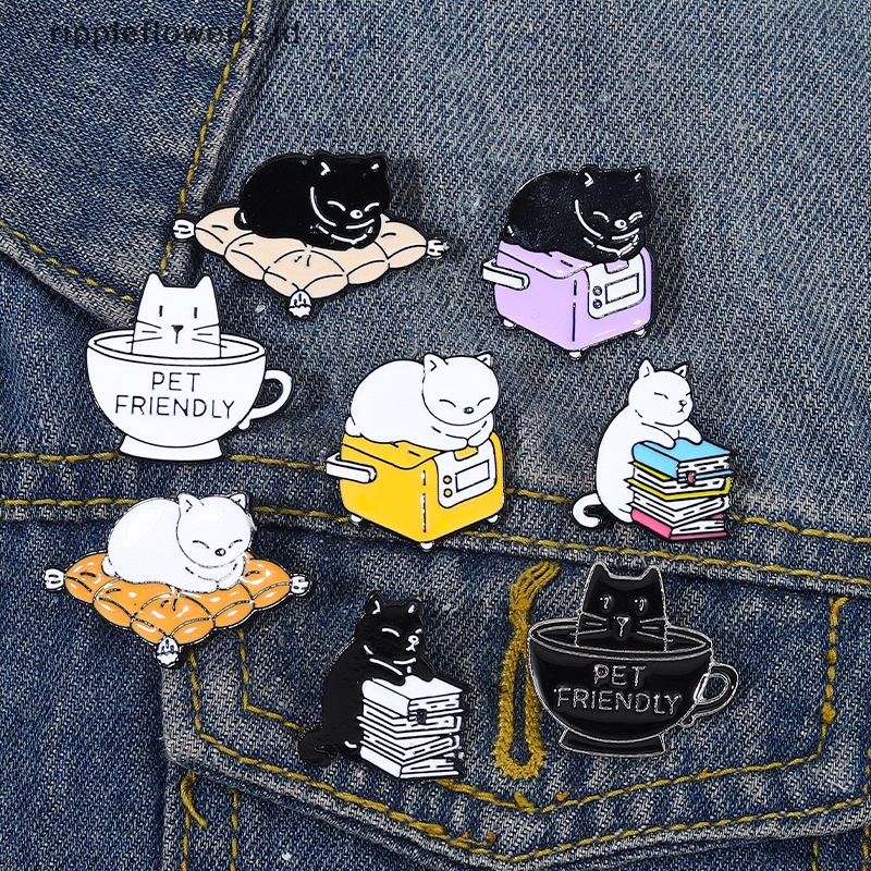 {rippleflower4.id} Kreatif Hitam Putih Pasangan Kucing Enamel Pin Cangkir Teh Kucing Bros Lucu Paduan Logam Bros Novelty Kartun Enamel Lucu Bros Pin Untuk Anak Wanita Kemeja Ransel