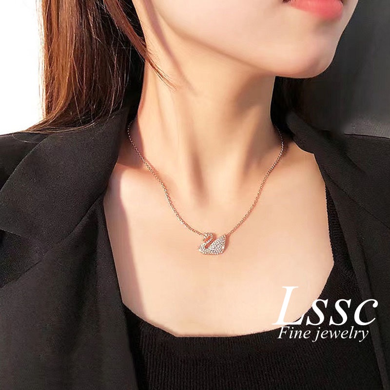 Kalung Titanium Swan Angsa Permata Emas 18K Anti Karat Cantik Aesthetic Korea Aksesoris Wanita Perhiasan