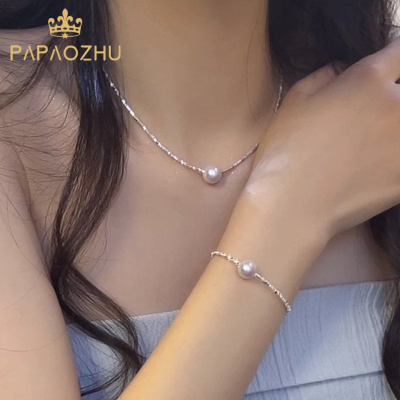 Papaozhu Korea S925 Perak Bersinar Paillette Kecil Mutiara Liontin Kalung Untuk Wanita Perempuan Halus Mungil Berkilauan Choker Kalung Trendi Tulang Selangka Rantai Perhiasan Hadiah