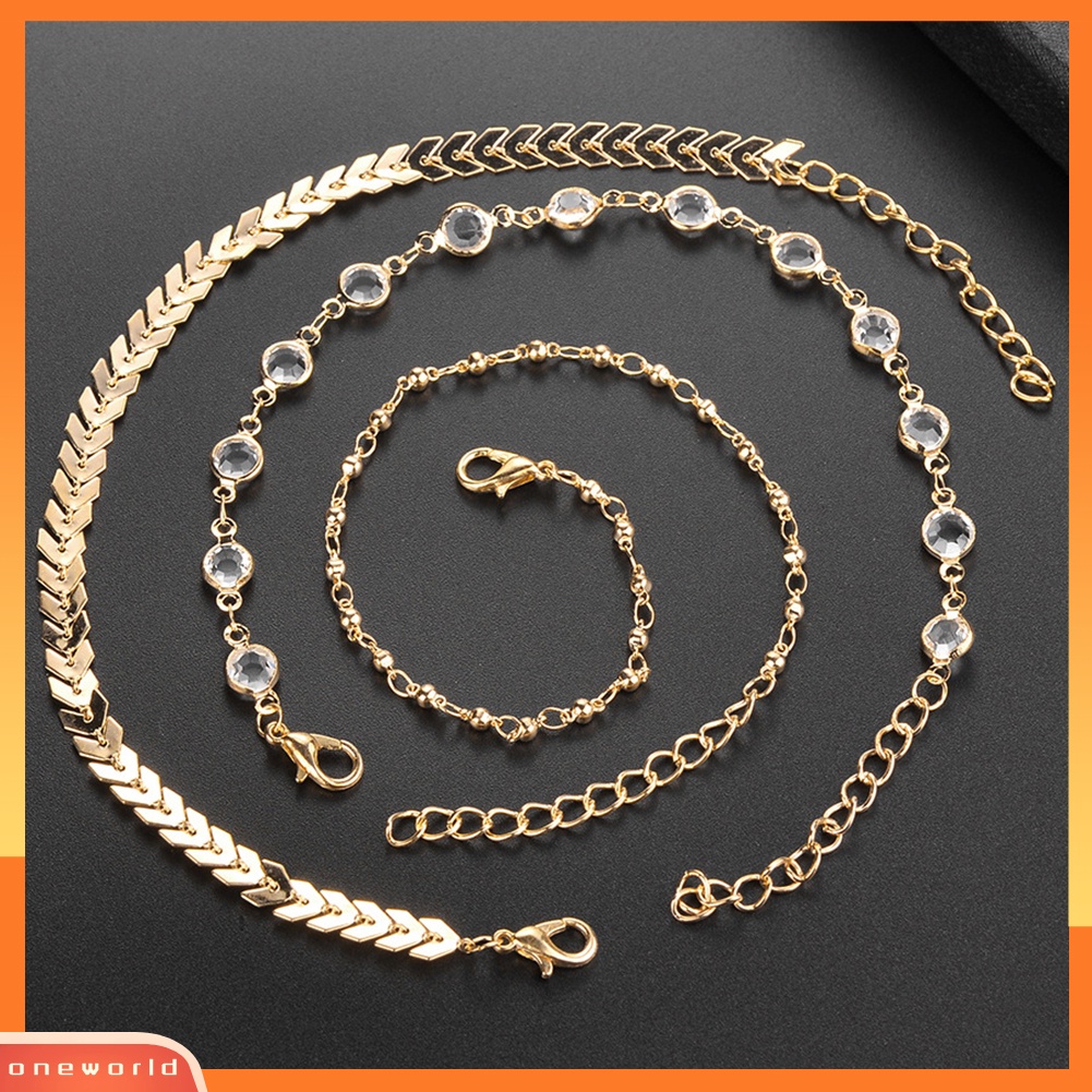 [WOD] 3pcs Golden Tone Faux Crystal Fish Bone Anklet Multi-layer Gelang Kaki Pantai