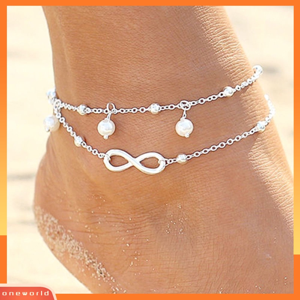 [WOD] Sandal Pantai Barefoot Infinity Charm Beads Gelang Kaki Double Layer Anklet