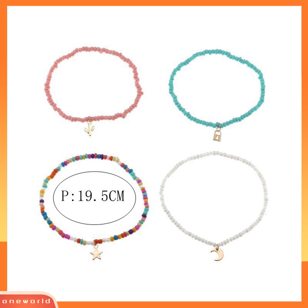 [WOD] 4 Pcs Rantai Kaki Warna Vibrant Indah Liontin Eye-catching Warna-Warni Wanita Manik-Manik Elastis Gelang Kaki Perhiasan Hadiah Ulang Tahun