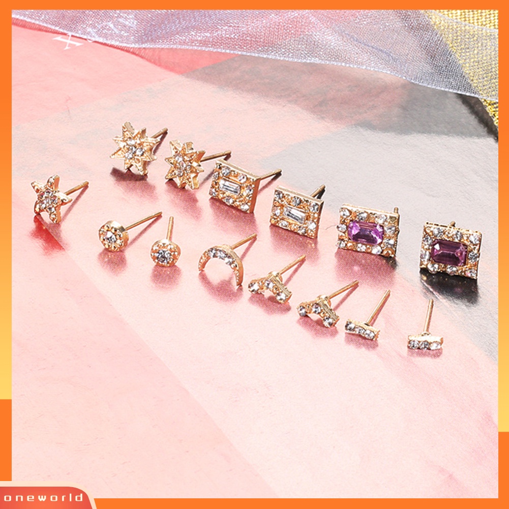 [WOD] 7pasang Matahari Bintang Bulan V-shaped Square Berlian Imitasi Stud Earrings Set Lady Jewelry