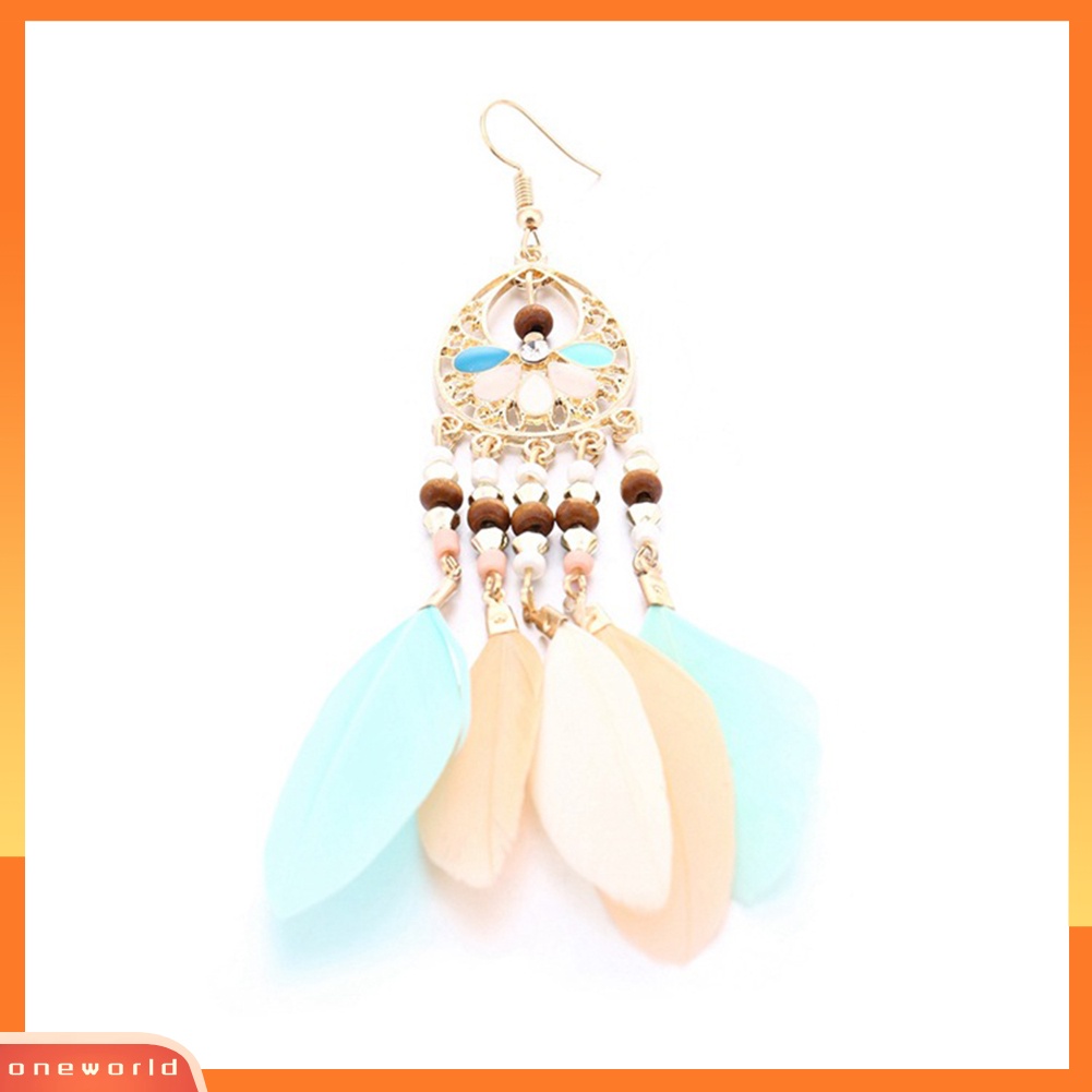 [WOD] Boho Wanita Berongga Manik-Manik Oval Warna-Warni Bulu Rumbai Drop Statement Earrings
