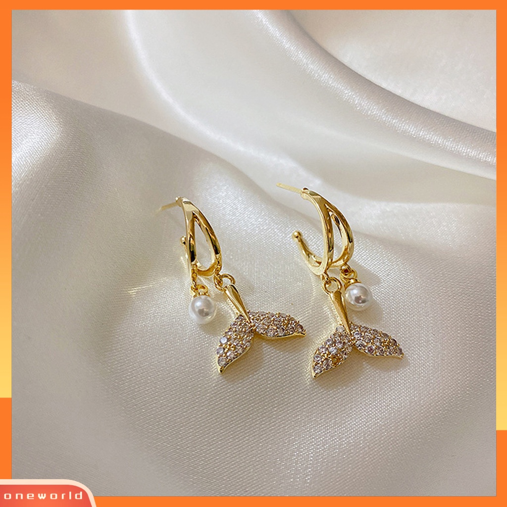 [WOD] 1pasang Drop Earrings Fishtail Faux Pearl Alloy Vintage Cubic Zirconia Anting Menjuntai Untuk Pesta Cocktail