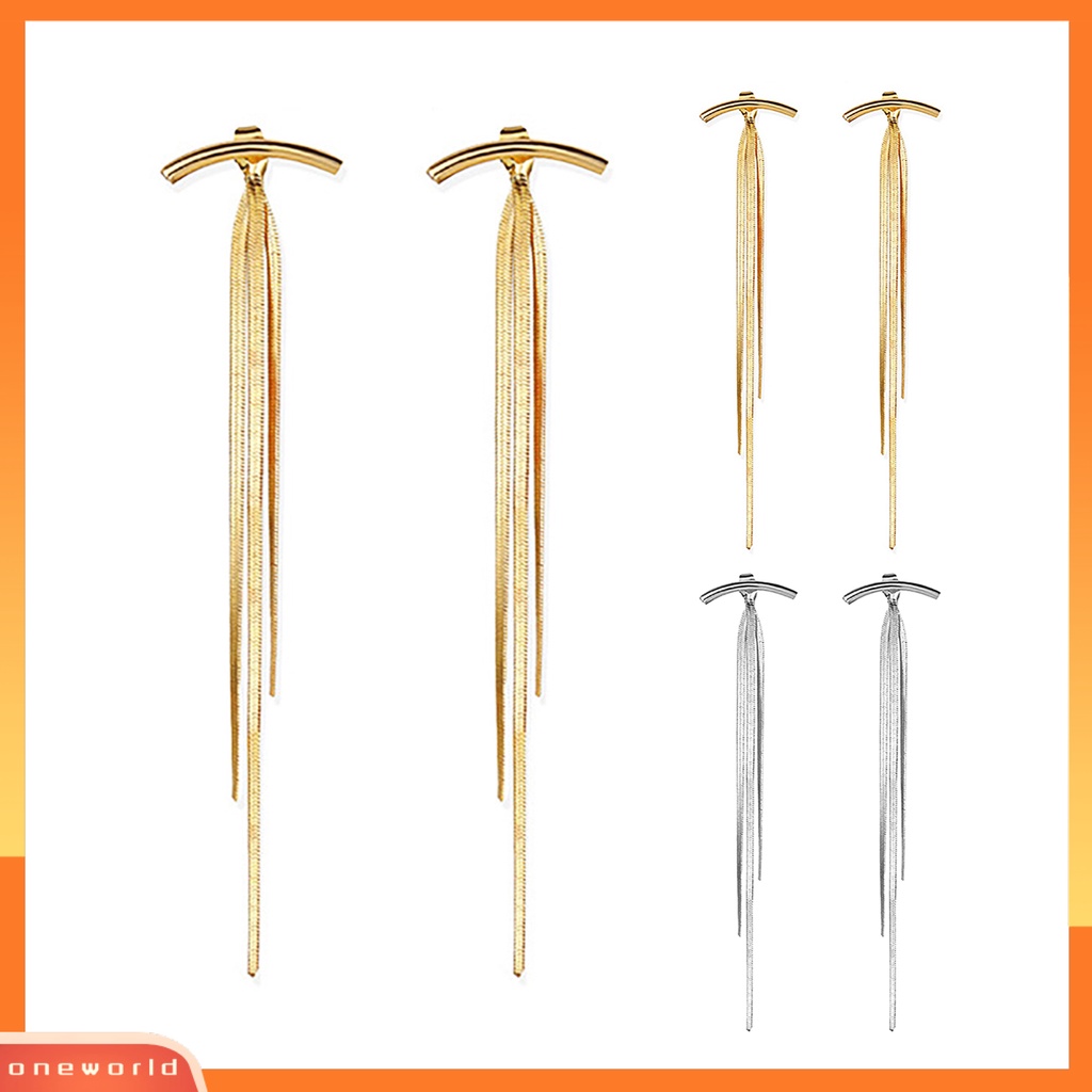 [WOD] 1pasang Benang Panjang Rumbai Menjuntai Anting Logam Glossy Arc Bar Stud Earrings Perhiasan Aksesoris