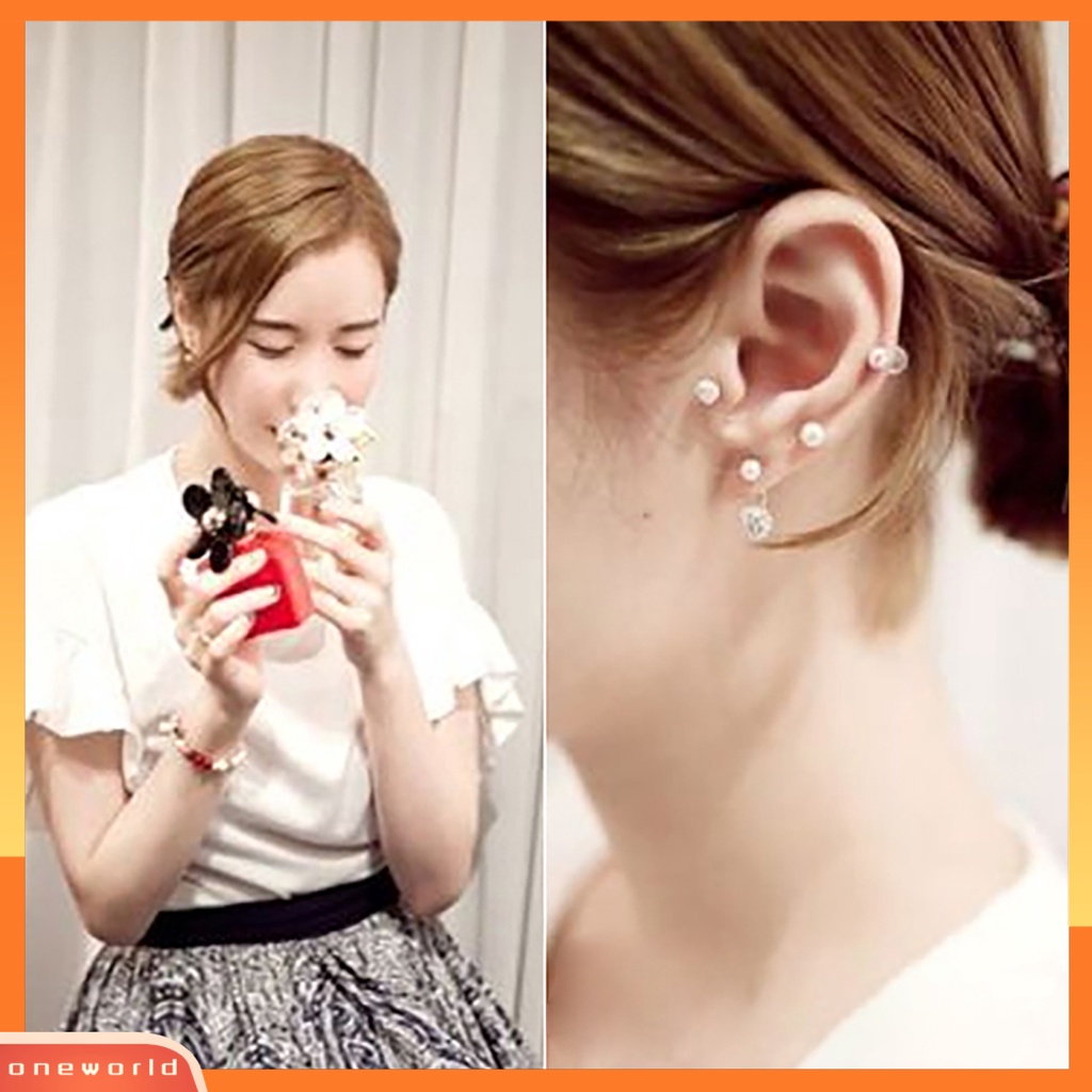 [WOD] 1pasang Ear Studs Faux Pearl Decor Jewelry Alloy Wanita Anting Tusuk Depan Belakang Untuk Pesta Ulang Tahun