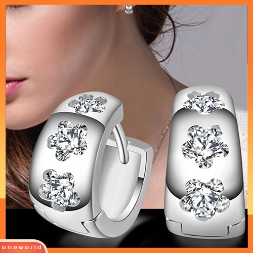 [WOD] Unisex Perak Disepuh Gypsophila Bunga Berlian Imitasi Ear Studs Hoop Huggie Earrings